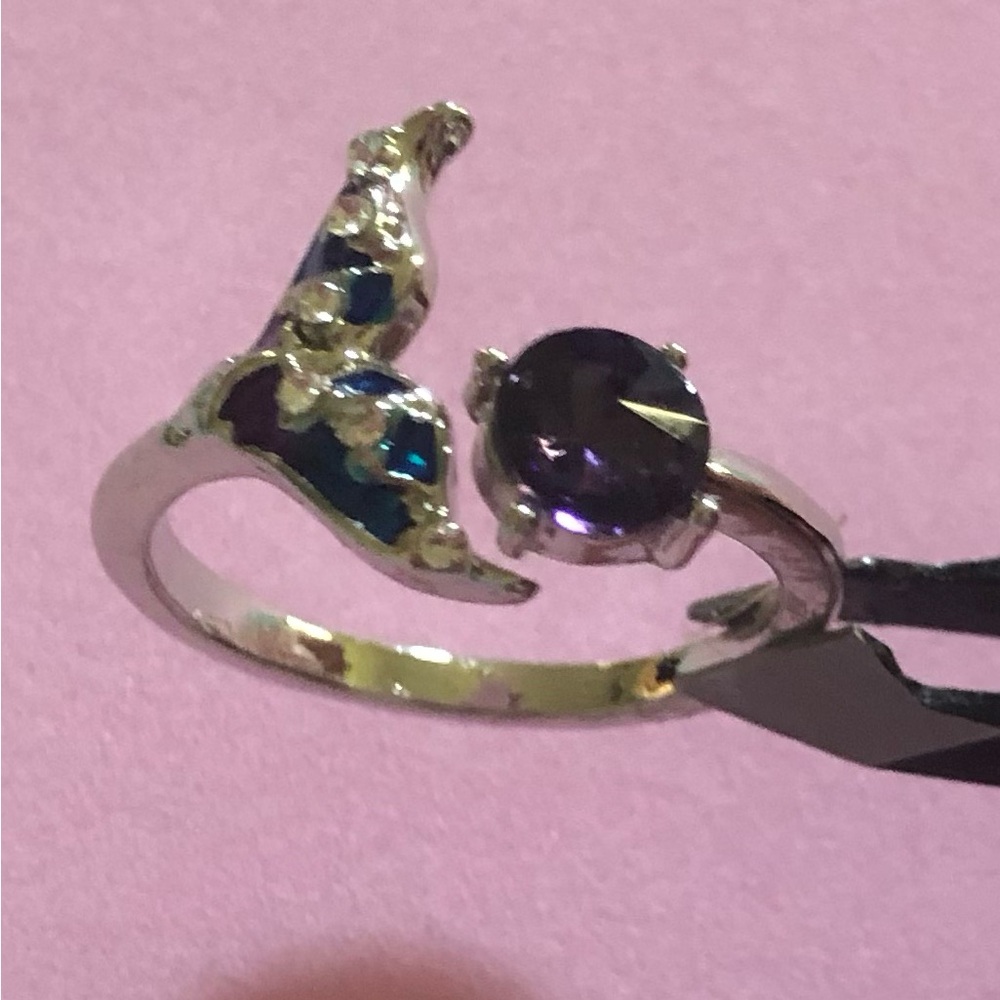 NWOT Silver Open Mermaid’s Tail Ring with Purple and Blue Gem Accents
